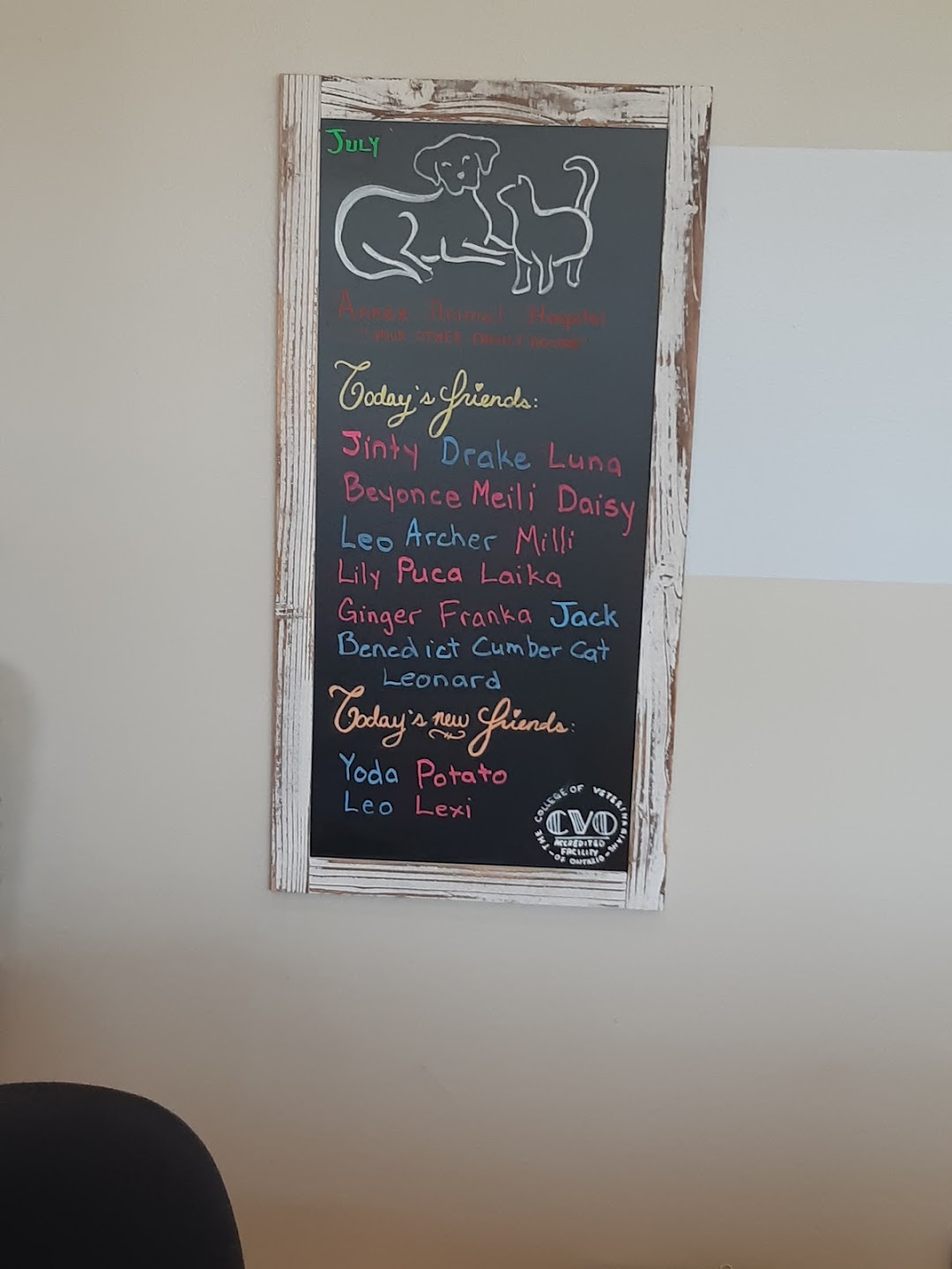 Chalkboard with pet visitors' names